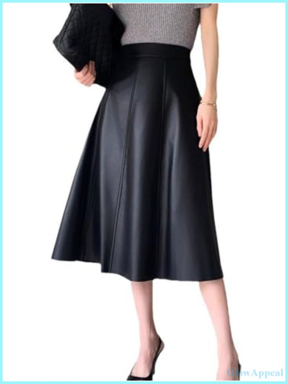 High Waisted Faux Leather A-Line Midi Skirt Ruffled Hem